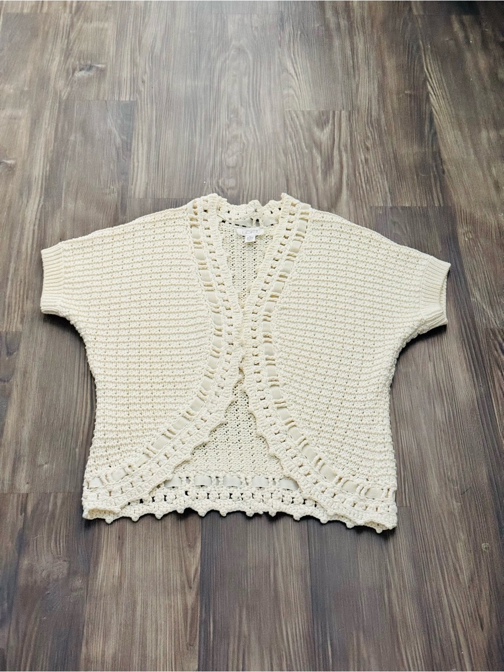 LOFT Shabby Chic Cream Crochet Open Front Cardigan Sweater with Ribbon Trim